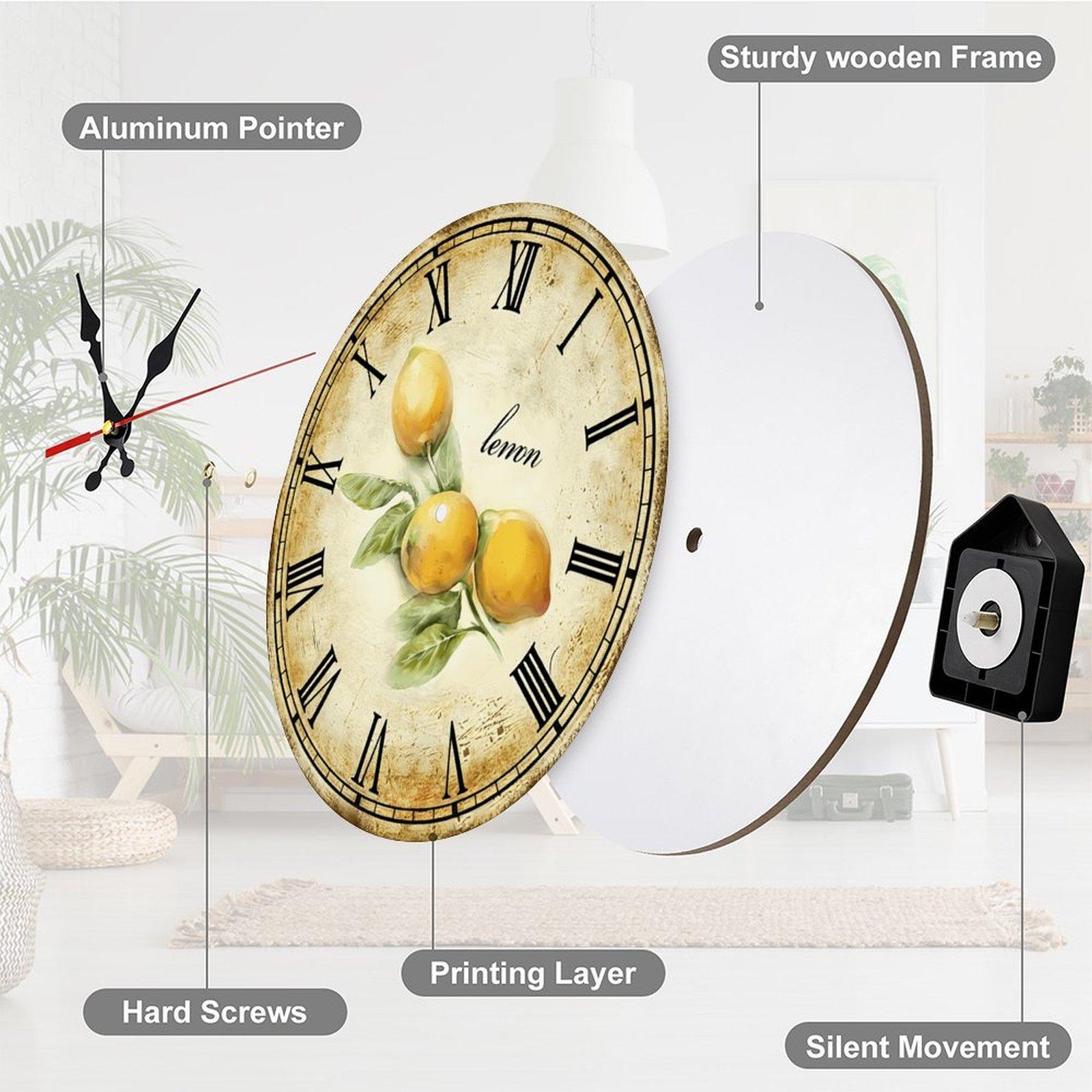 12 Inch Vintage Lemon Roman Numeral Wooden Wall Clock | Silent Non-Ticking Rustic Farmhouse Kitchen Decor, No Battery Included, Perfect for Kitchen, Dining Room, Sunroom 12 Inch Vintage Lemon Roman Numeral Wooden Wall Clock | Silent Non-Ticking Rustic Farmhouse Kitchen Decor, No Battery Included, Perfect for Kitchen, Dining Room, Sunroom