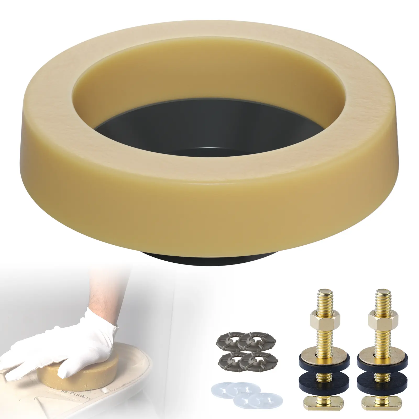 Hibbent Extra Thick Toilet Wax Ring Replacement Kit, Universal Toilet Seal Ring with Brass Toilet Floor Bolts and Retainer Washers, PE Flange Fits 3 Inch and 4 Inch Drain Pipes