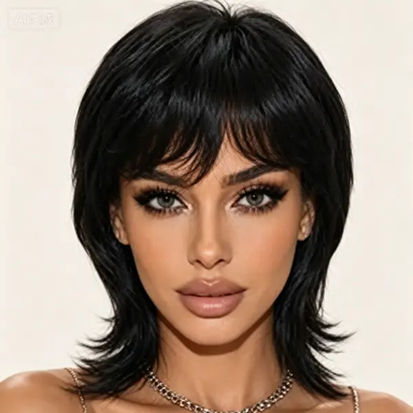 100% Human Hair Black Wolf Cut Wig with Bangs, 150% Density Short Layered Mullet Wig for Women, Glueless Natural Hairline