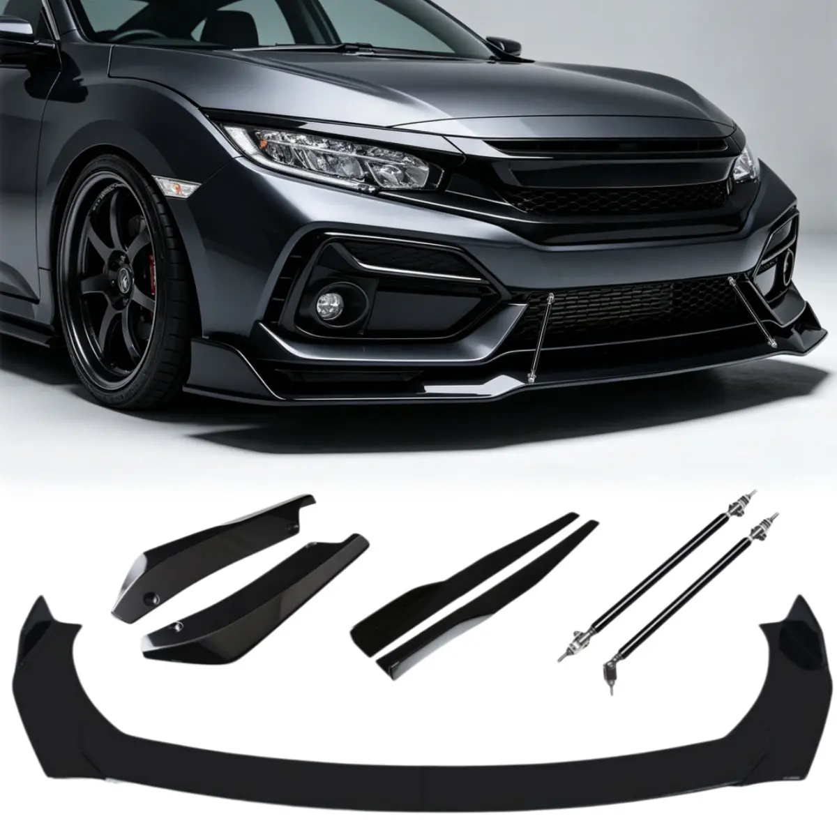 For Honda 10th / 11th Gen Civic (2016–2026), 10th Gen Accord (2018–2025), Integra, Inspire, CR-V 9PCS / 7PCS Glossy Front Bumper Lip Splitter Kit, Adjustable 4-Section Front Chin Spoiler, Side Skirt & Rear Bumper Lip Protection Spoiler