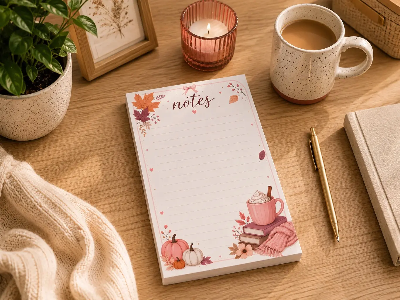 Fall Notepad 4x6 | Pink Pumpkin & Coffee | 50 Sheet Handmade Memo Pad
