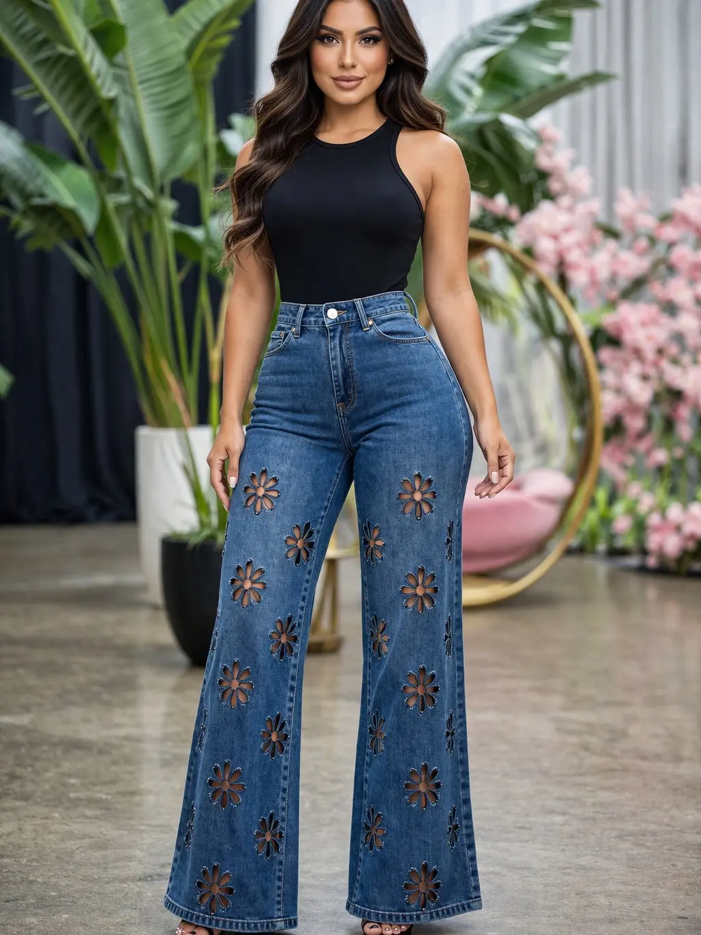 Becky Open Flower Jean - Women's High-Waisted Wide-Leg Denim Bottom with Floral Cut-Out Details - Womenswear