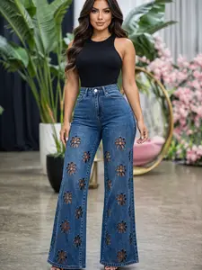 Becky Open Flower Jean - Women's High-Waisted Wide-Leg Denim Bottom with Floral Cut-Out Details - Womenswear