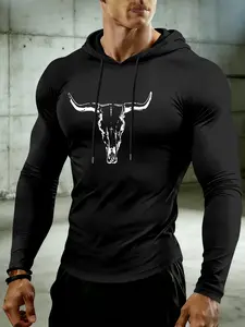 Men's American Vintage Bull Skull Print T-Shirt, Long Sleeve Protection, Hooded Design for Spring Fall Outdoor Training