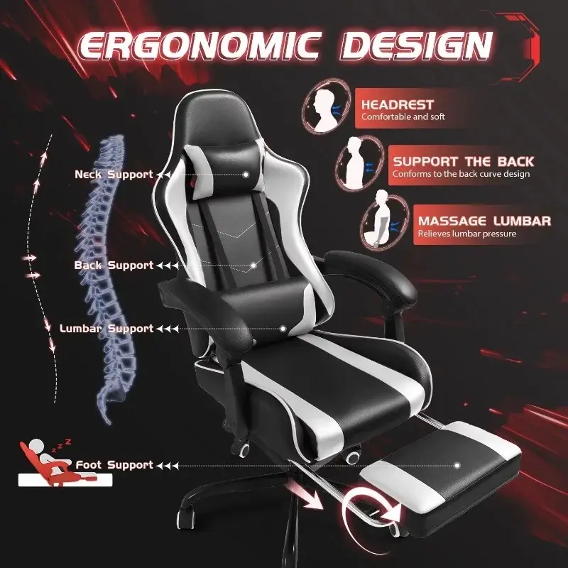 PU Leather Gaming Chair with Footrest & Lumbar Support,White Adjustable Backless