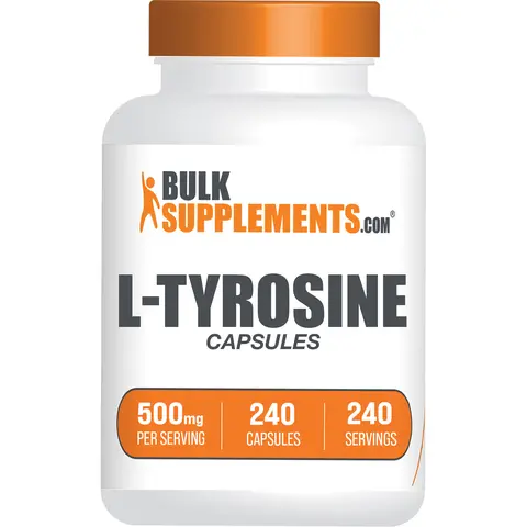 BulkSupplements Pure L-Tyrosine Dietary Supplement Capsules - 500mg per Serving, 240-cap Supply, Unflavored, Sugar Free, Brain Booster, Focus Boost, Energy & Cognitive Support for Adults, Fitness Aid