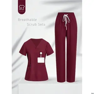 NeckTopAndDrawstringWaistPantsScrubUniformScrubSet TaskEZWomen sSummerSolidColorShortSleeveV -