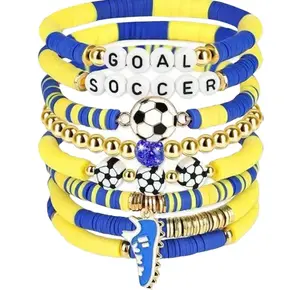 Soccer Game Day Beaded Bracelets Set, Clay Bead Friendship Bracelets for Team Spirit, Stretch Soccer Mom Fan Jewelry Gift for Women Men Coach Team