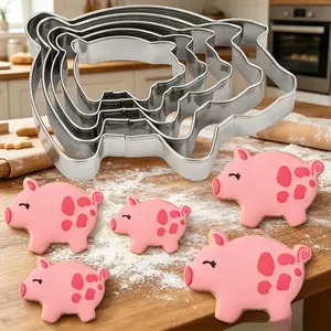 5 sets of rust proof stainless steel pig shaped biscuit cutting machines in different sizes, cute farm animal baking style, animal shaped biscuit cutting machines, very suitable for farm themed parties and holiday baking