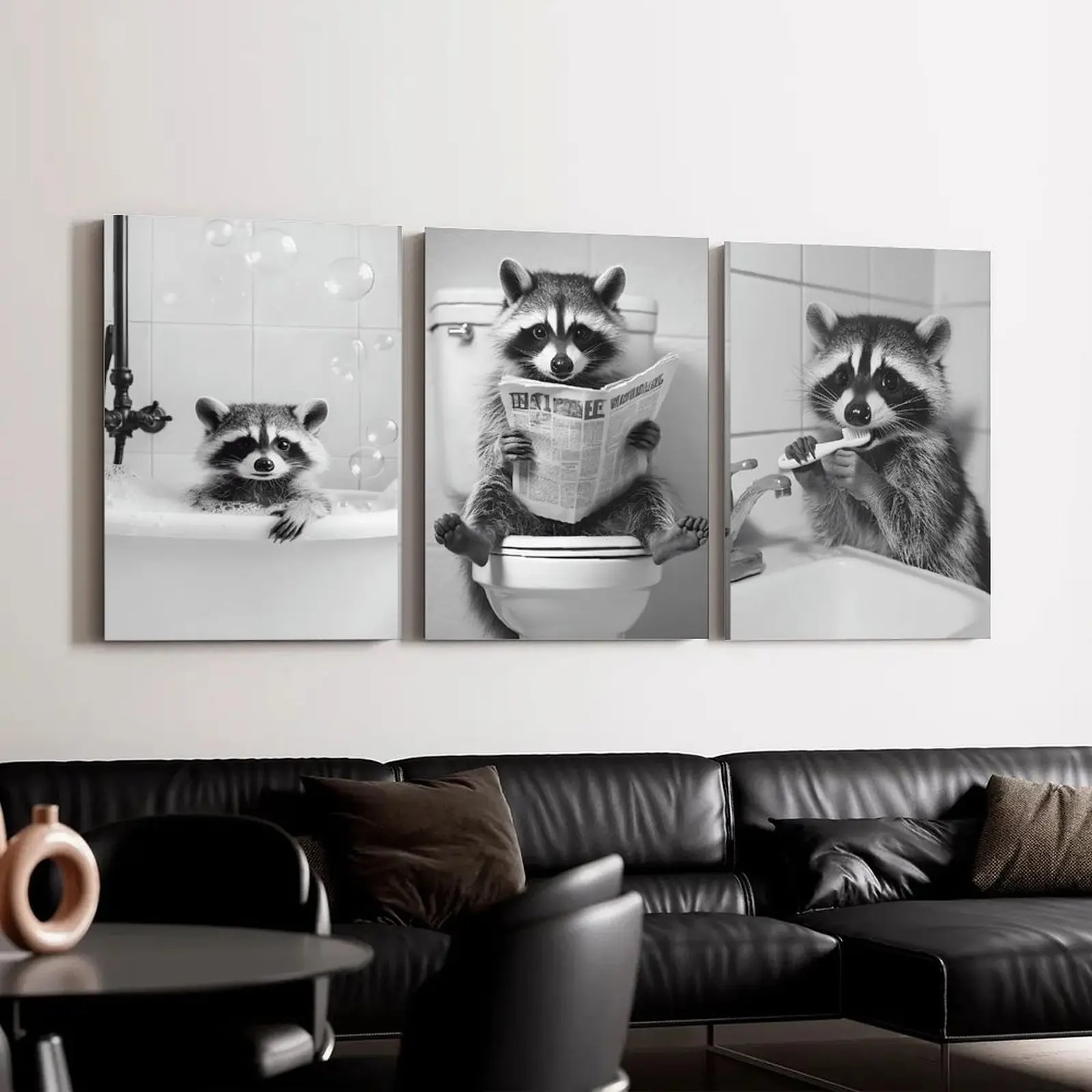 3-Piece Raccoons Bathroom Canvas Paintings Set - Black and White Artistic Creative Wall Art, Framed Rural-Style Funny Scene Print, Home Decor for Bathrooms, Kid Room