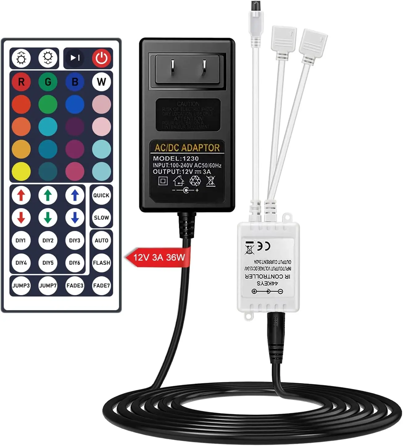 44 Key Wireless IR Remote Controller, Rectifier Control Box,DC 12V 3A Power Supply Adapter,Replacement Control for SMD 5050 3528 2835 RGB LED Strip Lights