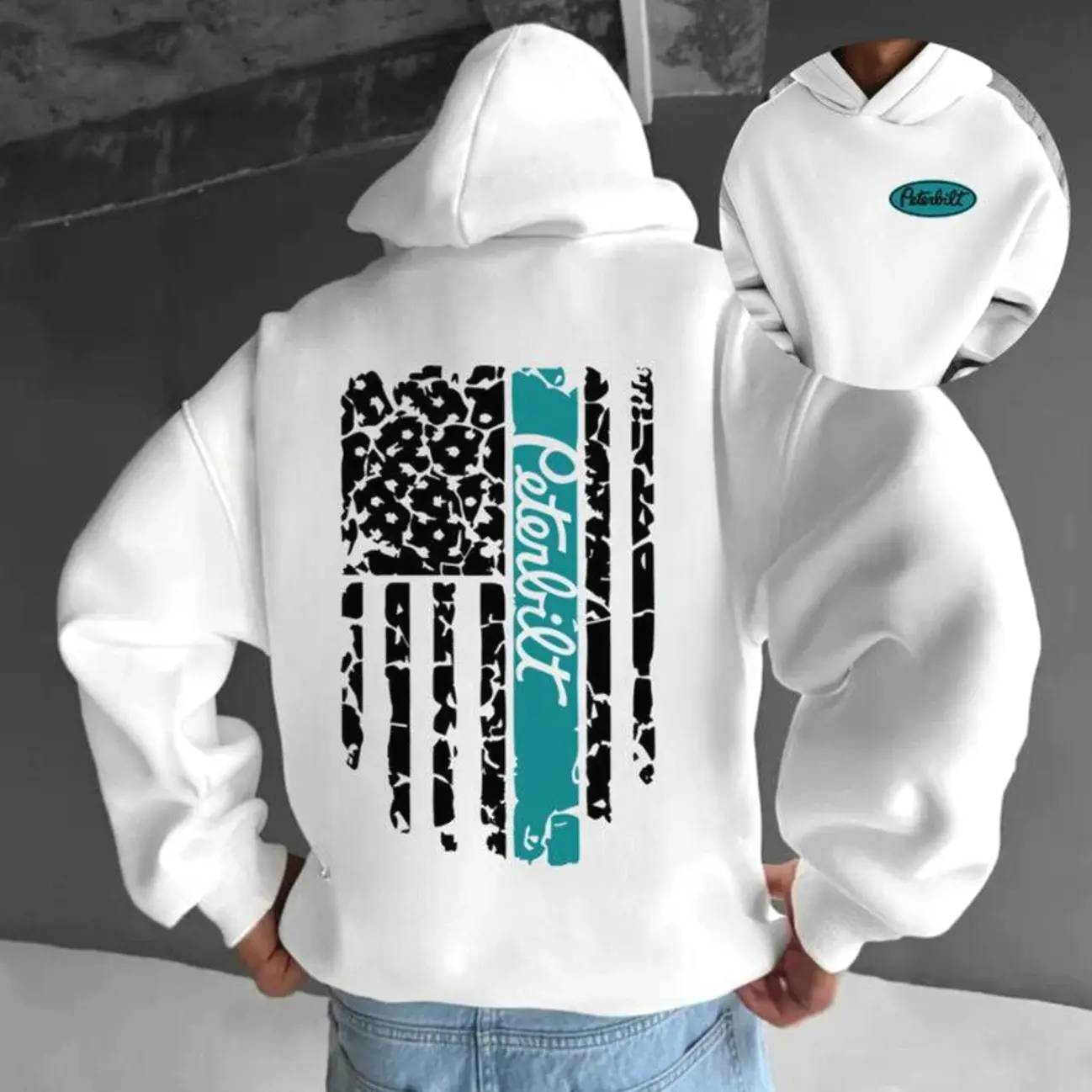 American Flag Hoodie, Vintage White Trucking Sweatshirt, Retro Semi Truck Graphic Pullover