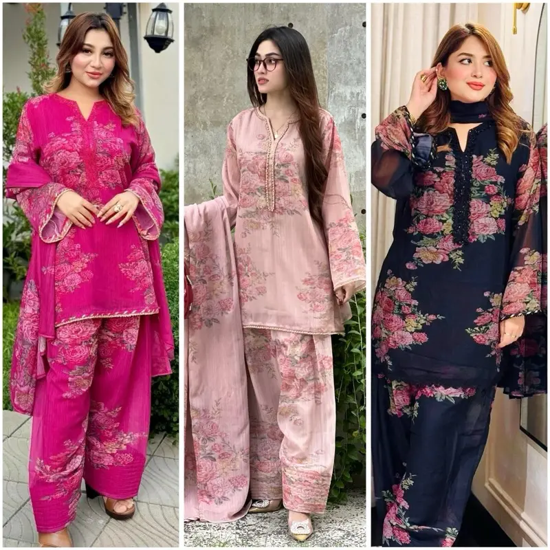 Women's Traditional Pakistani Salwar Kameez - Ethnic Wear, Pakistani Indian Style, 3-Color Floral Print, Pink-Red Hues, Lady's Cultural Elegance Casual Clothes for Women, Return Policy