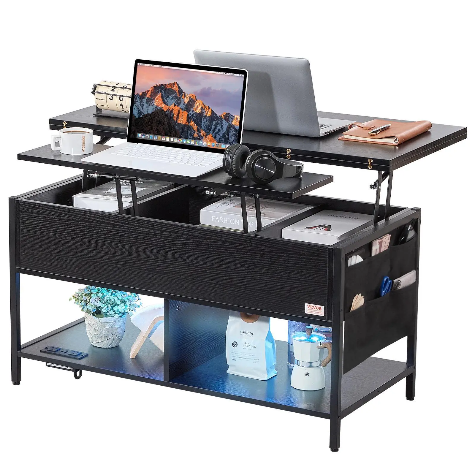 【SummerFinds】VEVOR Lift Top Coffee Table,  , 39.4 in Rectangle Coffee Table with Extra Storage Pockets, Flipable Coffee Table with Power Strip & USB & Ambient Lighting for Living Room, Black