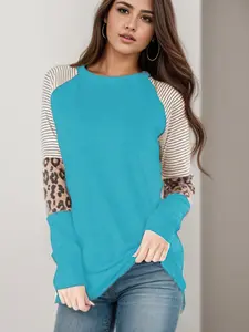 Women's Leopard Print Colorblock Striped Round Neck Long Sleeve Fitted T-Shirt, Fall Fashion 2026 New Arrival, Casual Stylish Top
