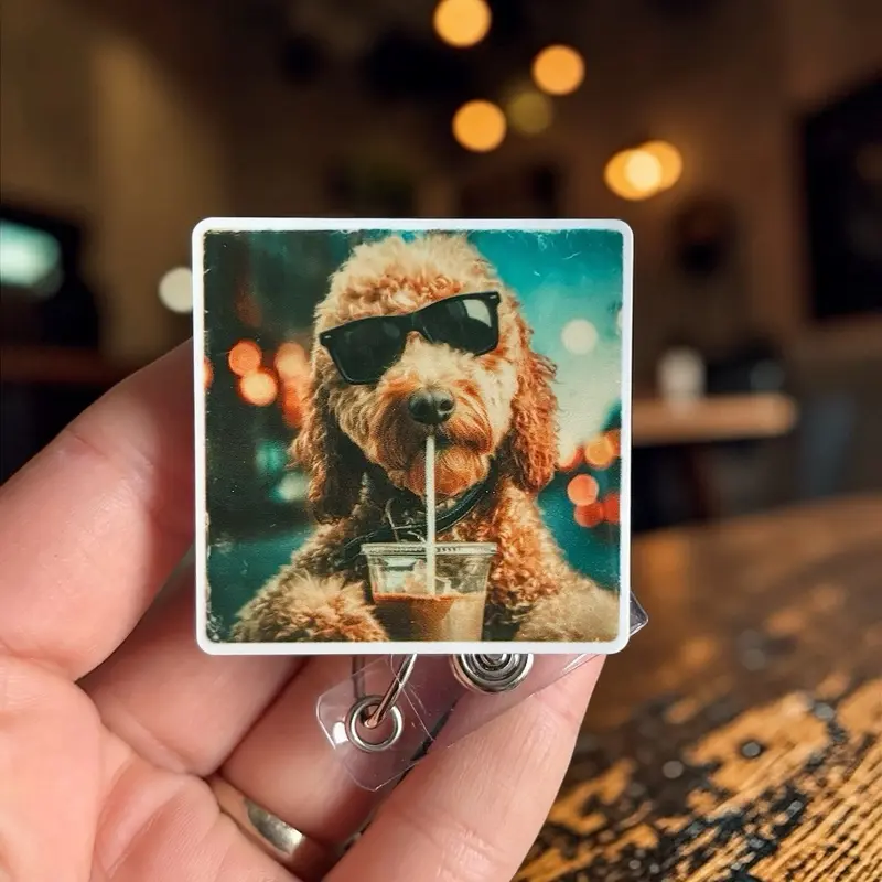 Glitter My Badge Golden Doodle coffee dog badge reel for nurse and hospital workers. Badge clip Badge pull - Retractable swivel clip with a 360 rotation. Great gift for coworker.
