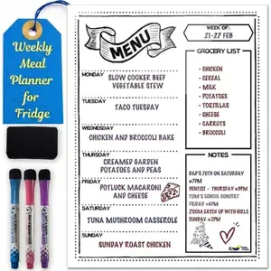 Magnetic Weekly Meal Planner for Fridge 16" x 12" Dry Erase Menu Board with Grocery List & Notes Stain-Resistant Whiteboard for Family Meal Planning Includes 3 Magnetic Markers & Eraser