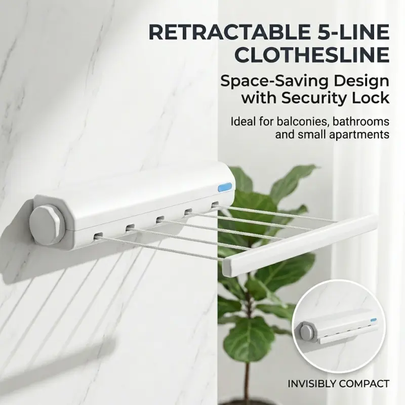 Retractable 5-line wall-mounted clothesline with safety lock, space-saving invisible design, ideal for balconies, bathrooms and small spaces, Household Invisible Clothesline