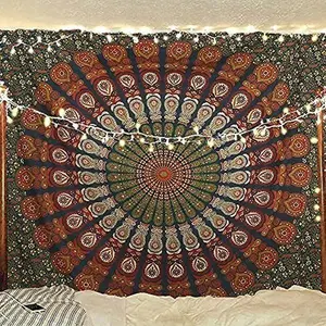 cxfwellBless International Handmade Indian Hippie-Bohemian Psychedelic Peacock Mandala Tapestry, Home Decor & Household Items Decor, King Size (88x104in/225x265cm) for College Dorm & Beach Use