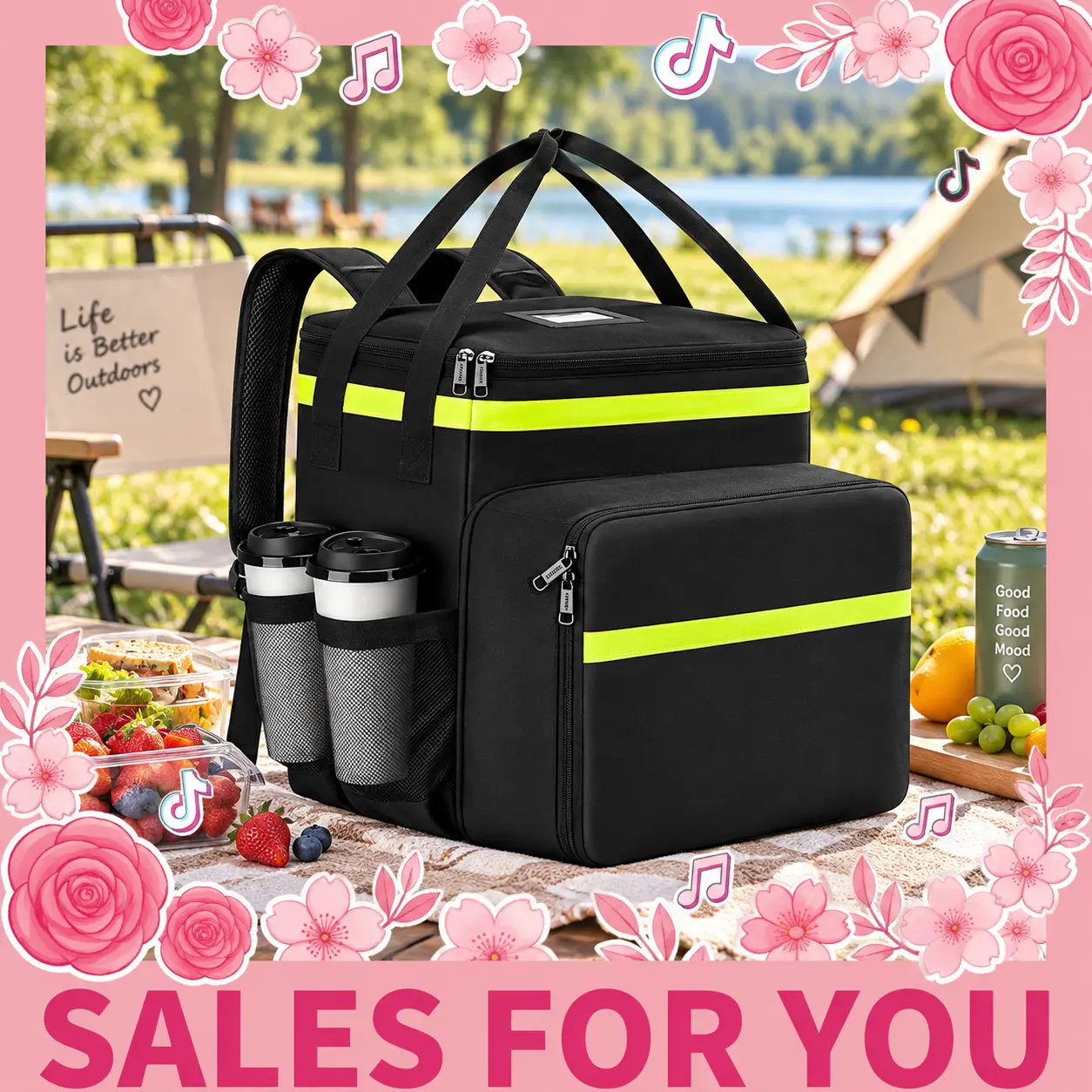【Back To School Haul】Insulated Lunch Cooler Backpack with 7 Cup Holders, Expandable Nylon Fabric Cooler Bag with Reflective Strips, Thermal Bag for Delivery & Daily Use