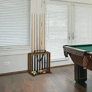 Burnt Solid Wood Freestanding Billiards Pool Cue Organizer with Ball Storage and Triangle Rack Slot