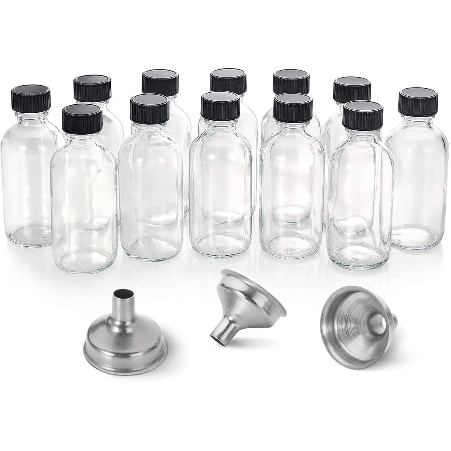 12 Pack, 2 oz Small Clear Glass Bottles w/Lid & 3 Funnels - 60ml Boston Shot Bottles for Health, Immunity, Potion, Wellness, Sample, Ginger, Juice Box Round
