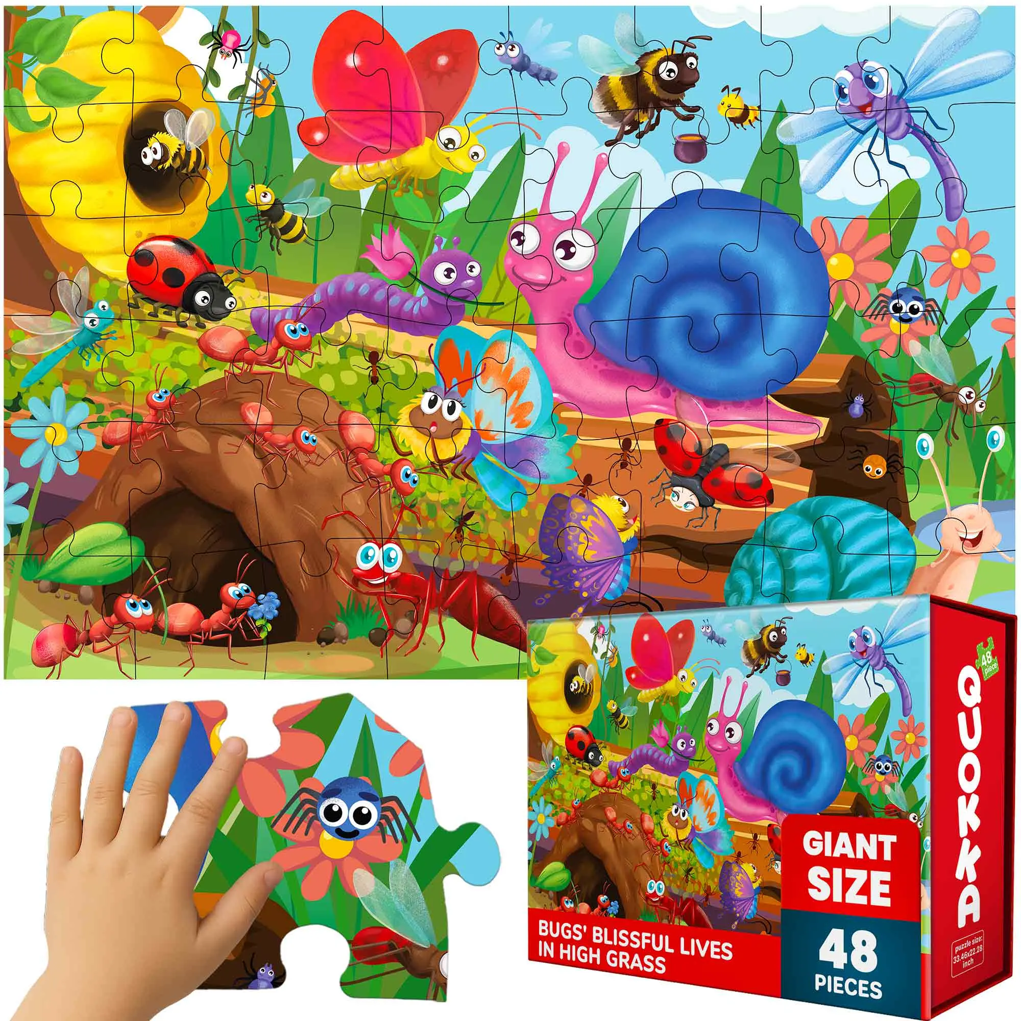 QUOKKA Giant Floor Puzzle Game for Kids - 48-Piece Cardboard Bugs-Themed 2x3 Floor Creative Puzzle, 36x24 Inches, Ideal for Teamwork