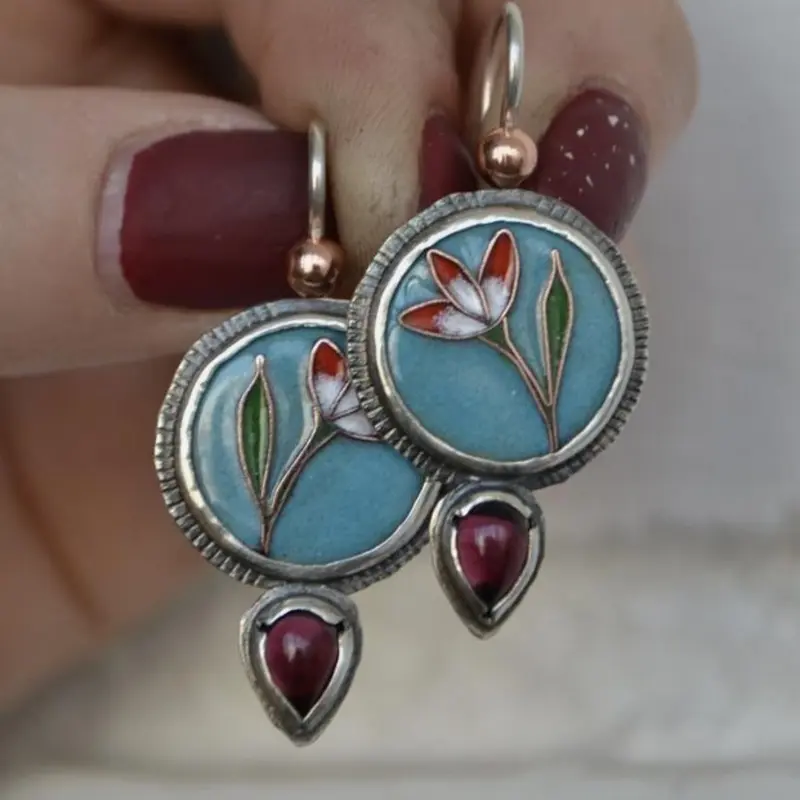Vintage Lotus Flower Design Earrings, Metal Water Droplet Inlaid Alloy Dangle Earrings for Women, Boho Style Jewelry, Fashion Jewelry for Party, Daily Clothing Decor, Minimalist Earrings