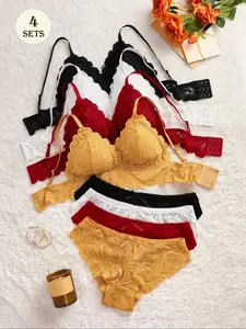 Women's Floral Lace Push Up Bra & Bow Front Panty Set, Comfy Breathable Adjustable Strap Bra & Panty Set, Lingerie Set for Women