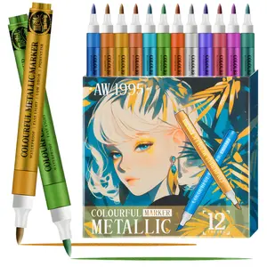 12 Colors Metallic Acrylic Paint Pens for Rock Painting, Soft Brush Tip Metallic Marker for Rock Painting, Ceramic, Glass, Canvas, Mug, Wood, Easter Egg, Waterproof Paint DIY Crafts Making