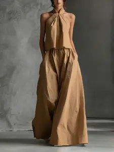 2026 Summer New Loose Fit Casual Solid Color Sleeveless Women's Top High Waist Wide Leg Pants Two Piece Set, Comfortable and Stylish