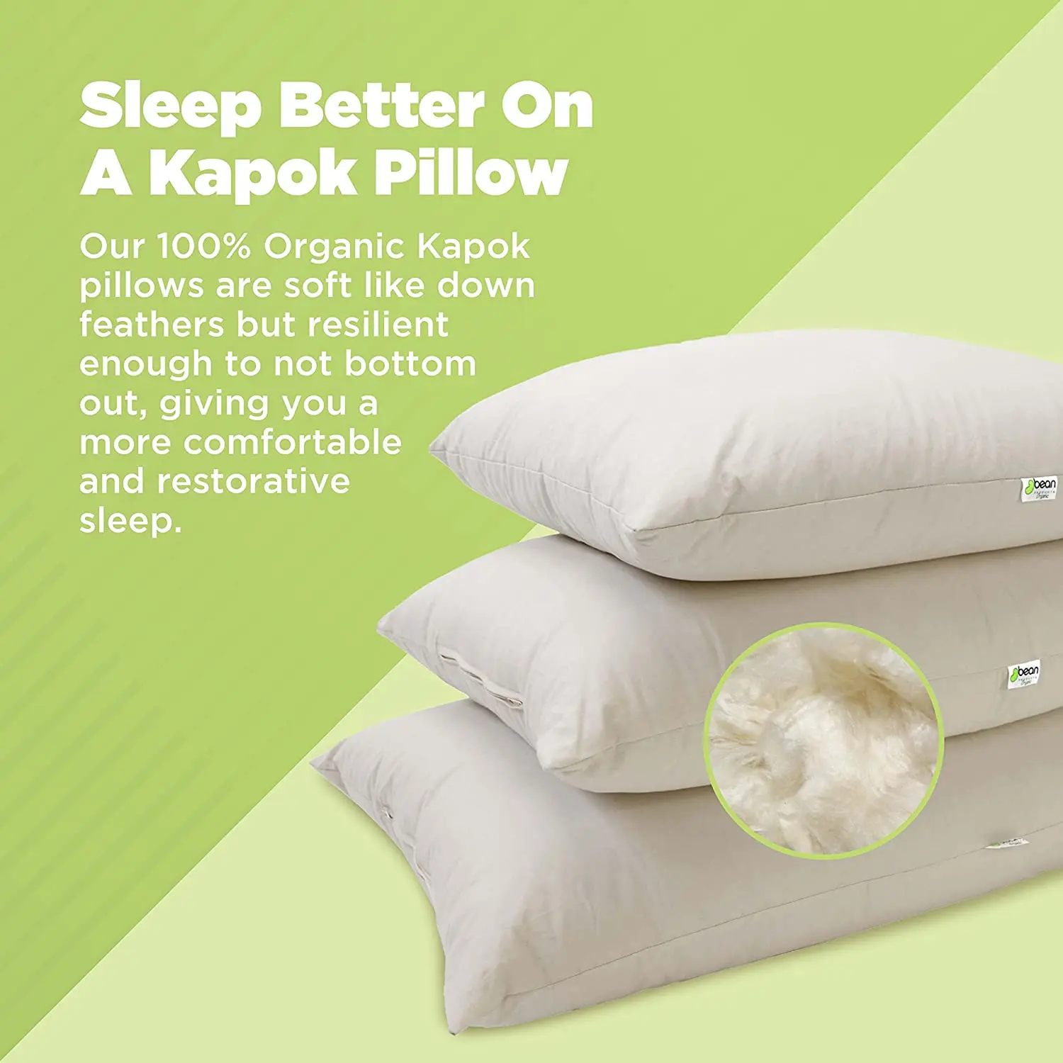 Kapok Sleep Bed Pillows with 100% Organic Cotton Fabric - Plant Based Vegan Organic