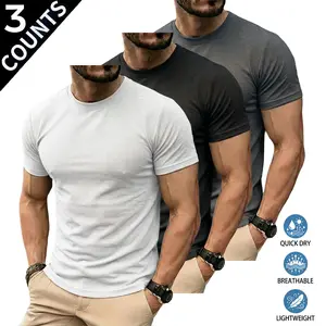 Men’s 3-Pack Crew Neck Quick-Dry Short-Sleeve T-Shirts - Polyester Mesh Breathable Fabric, Lightweight Slim Fit, Moisture-Wicking, Sweat-Absorbent, Casual Durable Design, Suitable for Outdoor Fitness, Summer Commuting