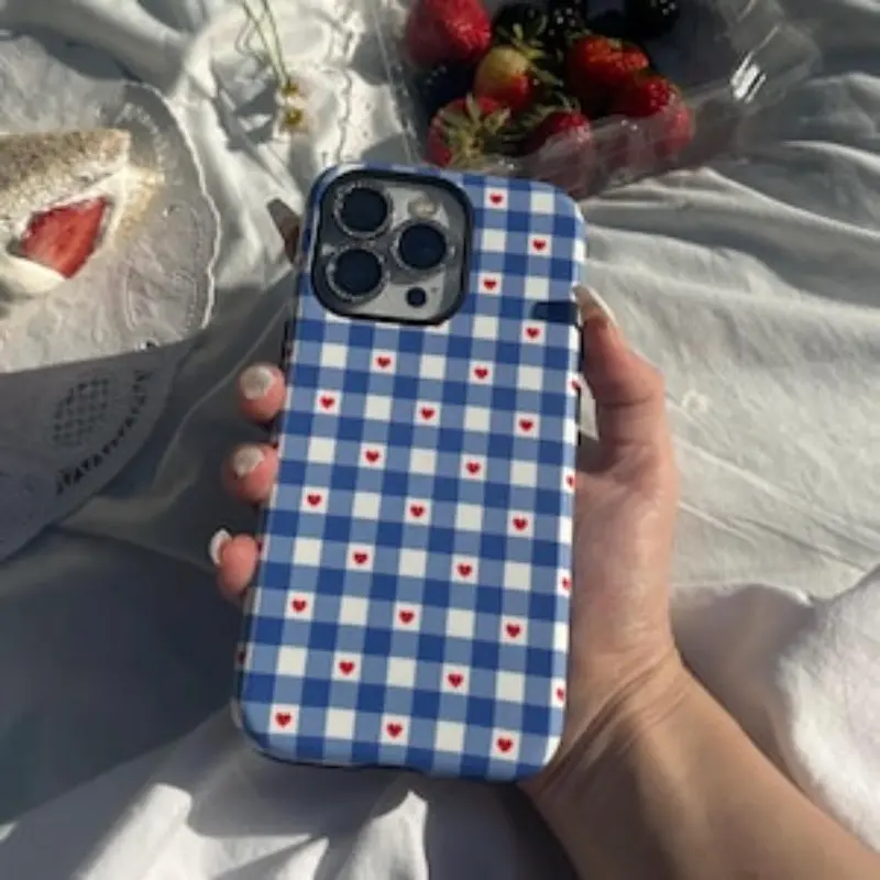 Red Gingham Hearts TPU Polycarbonate Shockproof Durable Phone Case - Spring Theme, Phone Aesthetic, Camera Protection Accessory for iPhone 11,12,13,14,15,16,17 Pro Max, Plus