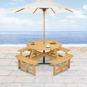 8 Person Wood Picnic Table, Outdoor Round Picnic Table with 4 Built-in Benches, Umbrella Hole, Outside Table and Bench Set for Patio, Backyard, 500lbs Capacity Per Bench (8 Person, Nature)