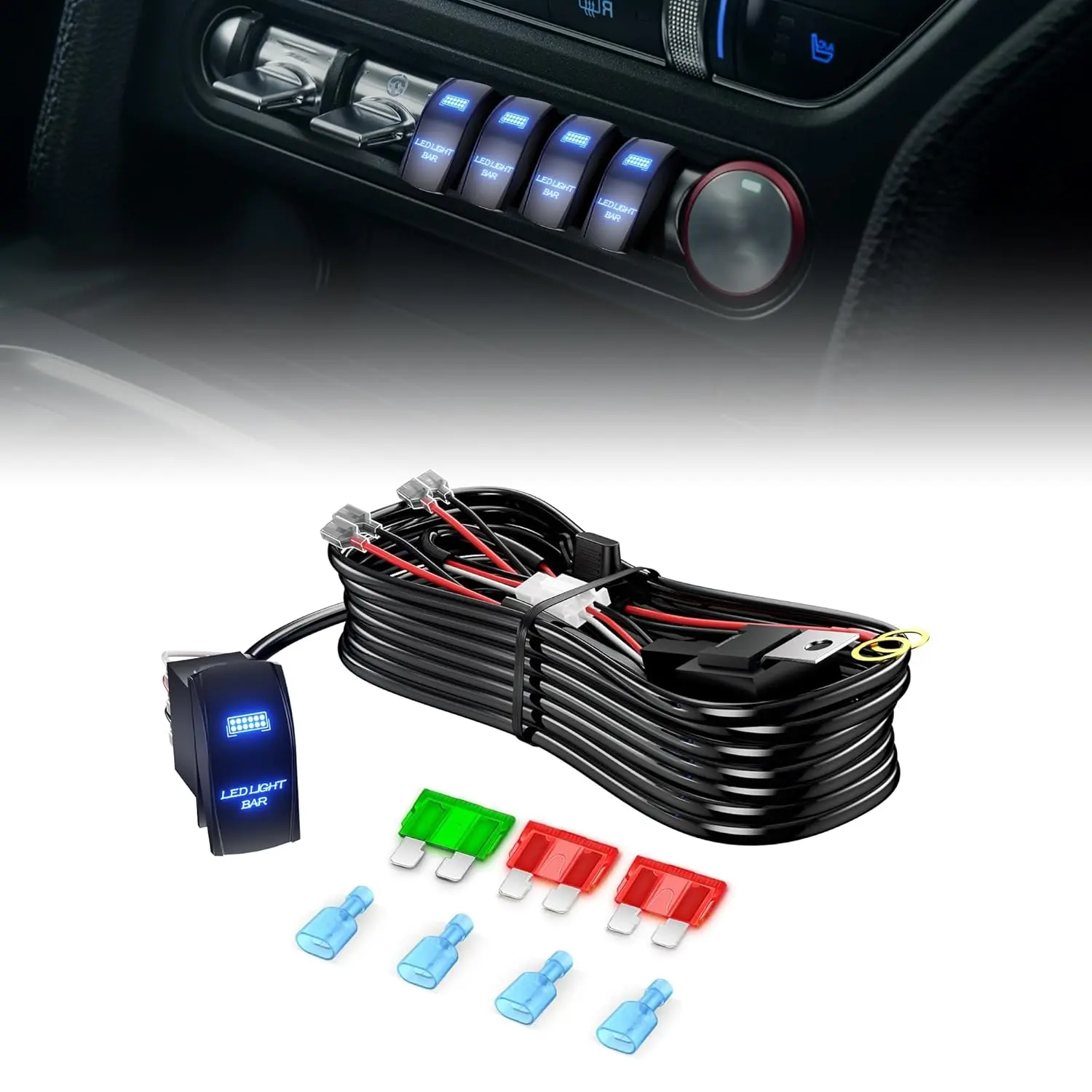 4WDKING LED Light Bar Wiring Harness Kit - Heavy-Duty 12V 5-Pin Waterproof Rocker Switch, Power Relay, Blade Fuse - Off-Road Vehicle Accessory for LED Work Lights, 12Awg-2 Lead-Rocker Switch