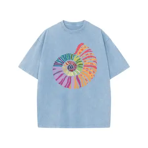 Holafish Women's Acid Washed Short-Sleeve Graphic T-Shirt - Spiral Shell Print, Drop Shoulder, Baggy Fit, Comfortable Casual Streetwear Womenswear Top