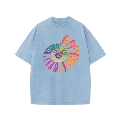 Holafish Women's Acid Washed Short-Sleeve Graphic T-Shirt - Spiral Shell Print, Drop Shoulder, Loose Baggy Fit, Everyday Fashion Piece, Comfortable Casual Streetwear TopBack To School