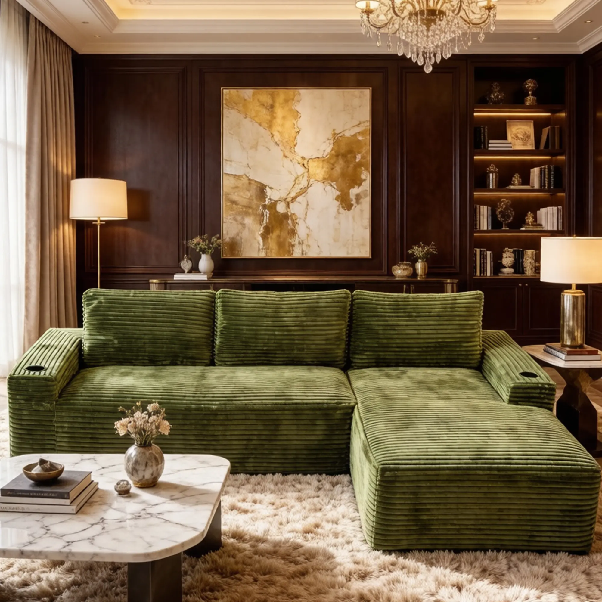 104" L Shaped Boneless Sectional Couches for Living Room, Comfy Corduroy Floor Cloud Sofa with Chaise and Cup Holder, Wide Armrest, Deep Seat, Assembly Free, Ideal for Small Spaces, Green