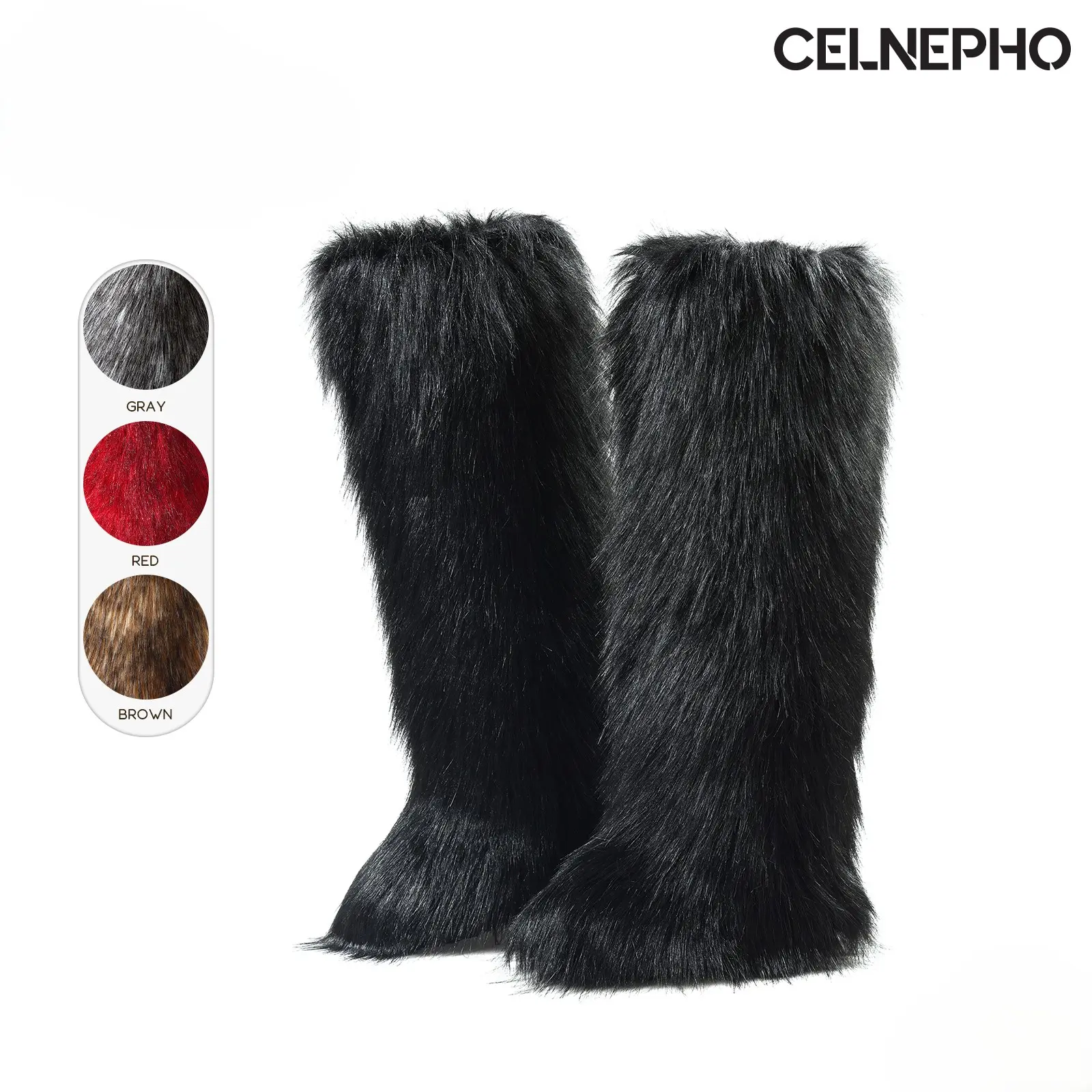 CELNEPHO Womens Knee High Faux Fur Snow Boots Round Toe Flat Soft Plush Tall Long Booties Warm Fluffy Comfort Easy Pull on Party Outdoor Date Skating Shoes