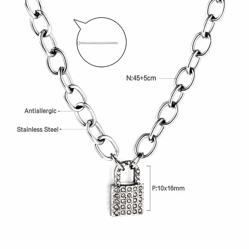 Antiallergic Stainless Steel Necklace with Lock Charm 45+5cm Length 10x16mm Pendant Fashion Jewelry