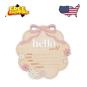 Hello World Wooden Baby Birth Announcement Sign with Pink Bow (Light Pink)