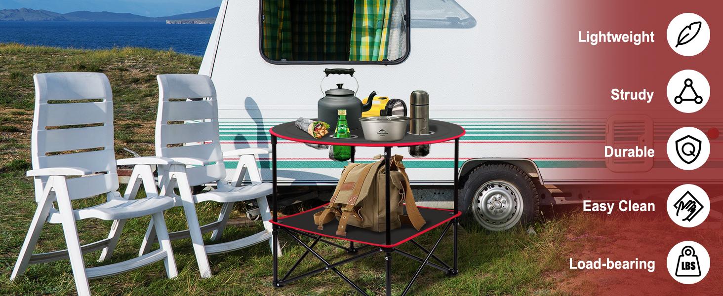 Lightweight Portable Folding Camping Table with Waterproof Canvas Aluminum Frame 4 Cup Holders Double Shelves Carry Bag for Camping Beach Tailgating Outdoor Activities