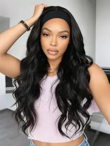 Black Headband Wig, Big Wave Headband Wig, Glueless Long Curly Hair, Beginner Friendly, Heat-Resistant Synthetic Fiber, Natural Look, Daily Wear, Women's Wig, 28 Inch