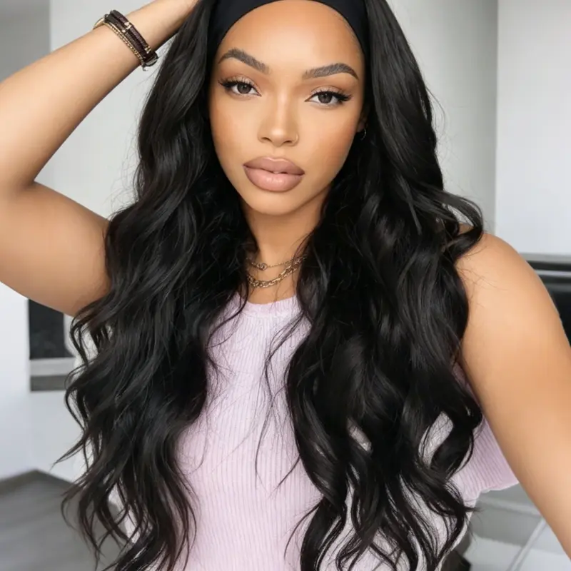 Women's 28 Inch Black Headband Wig, Long Curly Big Wave Glueless Synthetic Wig, Heat-Resistant Fiber, Natural Look, Beginner Friendly, for Daily Wear, Synthetic Hair Wig