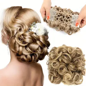 [Voluminous Wavy Curly Hair Piece] Elegant Blonde Messy Bun Hair Piece for Women - Voluminous Wavy Curly Scrunchie with Floral Accent, High-Temperature Synthetic Ponytail Extension, Perfect for Quick Styling Updos, Ponytail Hair Extensions
