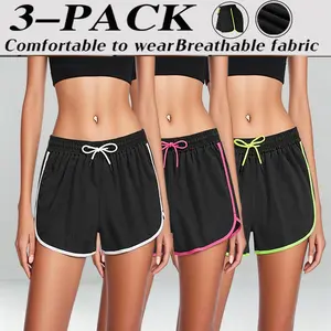 Women’s mid-rise sports shorts, set of 3 — soft, smooth polyester fabric; side contrast color design; non-restrictive elastic waistband; solid-color casual wear for all seasons; breathable design; a fitness enthusiast’s essential.