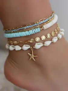 Boho Shell Conch Copper Anklet Set, 6-Piece Elegant Foot Jewelry for Women, Perfect for Daily Wear, Beach Vacations, Parties