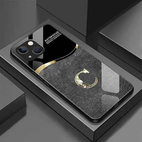 Glass Smartphone Case for iPhone 15 Plus, High-End Flashing Letter Design, Business-Style Metal Paint Electroplated, Affordable Handheld Cellphone Protection for Devices with Anti-Fall & Anti-Fingerprint Features, Casing