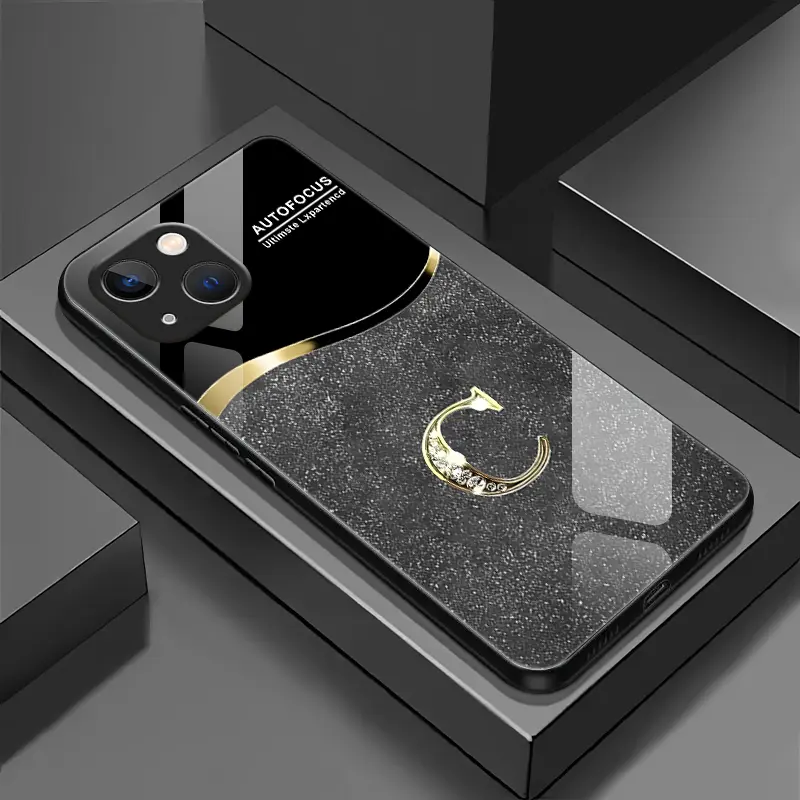 Glass Smartphone Case for iPhone 15 Plus, High-End Flashing Letter Design, Business-Style Metal Paint Electroplated, Affordable Handheld Cellphone Protection for Devices with Anti-Fall & Anti-Fingerprint Features, Casing
